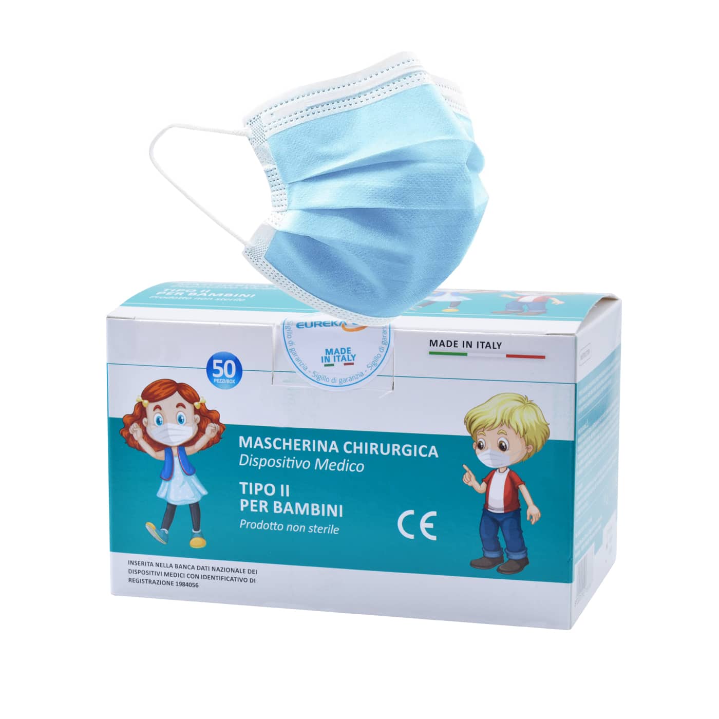 Mascherine Chirurgiche Colorate per bambini - Monouso 50pz - Made in Italy  - Tipo II BFE 98% - Certificate CE (Azzurro) - Eurekaled