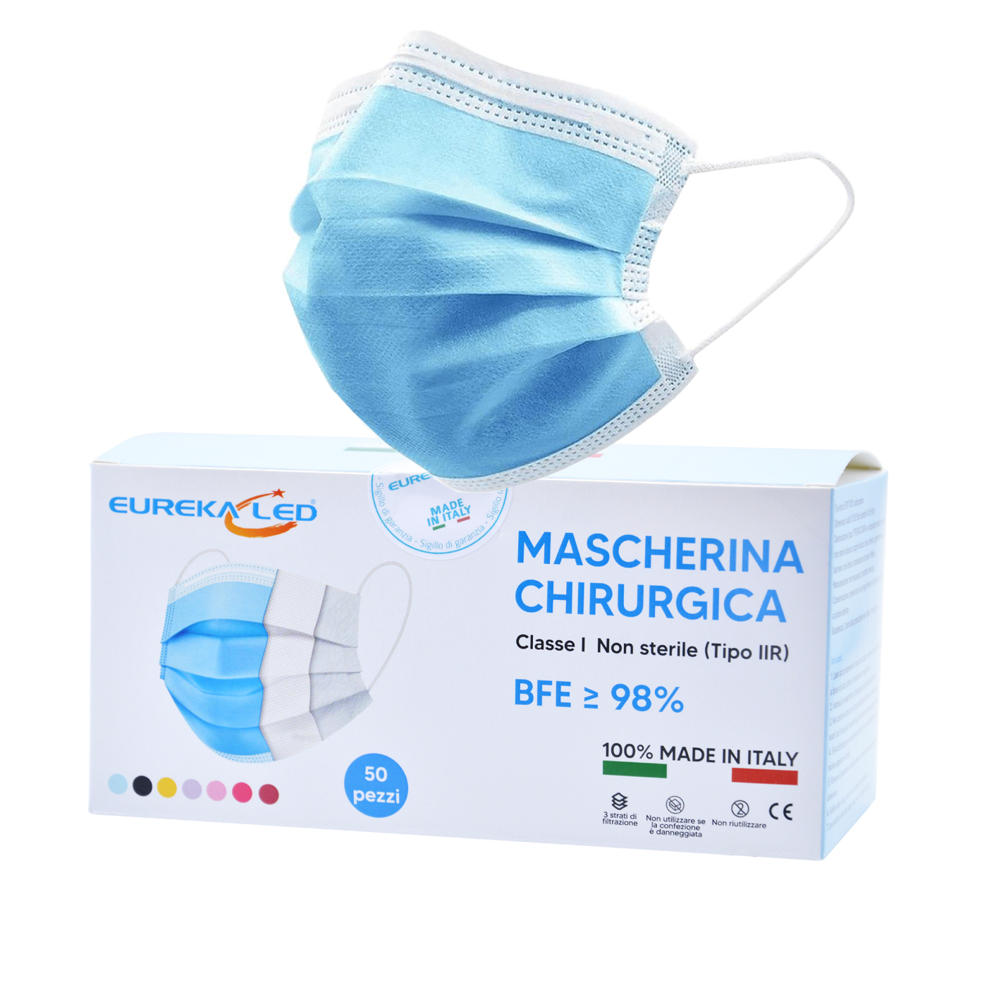 100% Made in italy- 5 colori Tipo IIR BFE 98% Certificate Morbide e traspiranti Eurekaled 50 mascherine chirurgiche colorate 100% Made in italy- 5 colori Tipo IIR BFE 98% Certificate Morbide e traspiranti Eurekaled 50 mascherine chirurgiche colorate